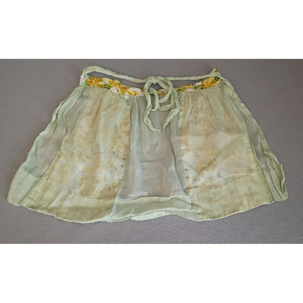 Vintage‎ Hostess Apron Half Waist Flowers Floral Yellow Sheer W/Pockets Cottage